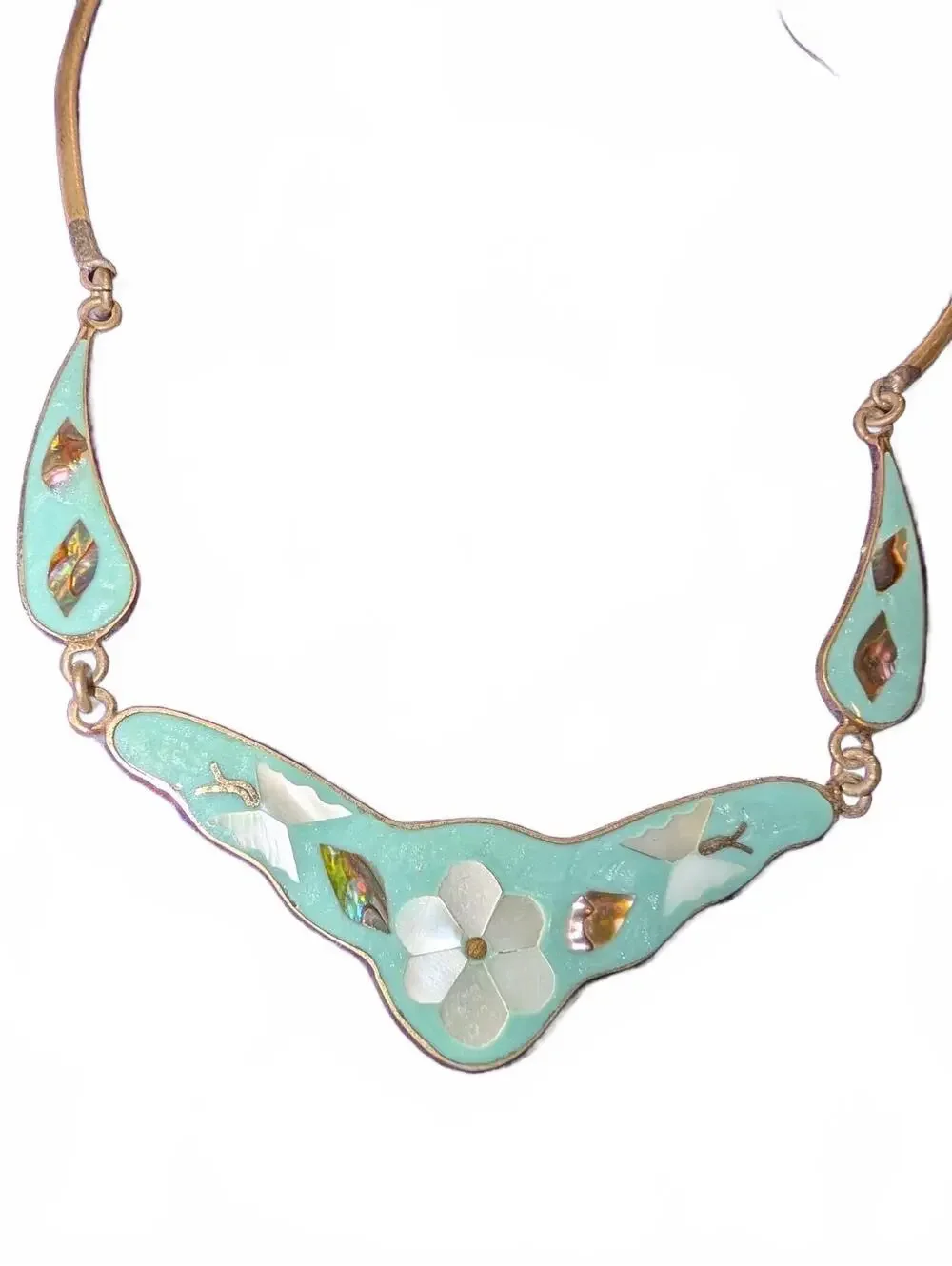Vintage Alpaca Mexican Silver and Turquoise Floral Necklace